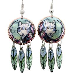 Dangle Copper Feathers Wolf Earrings