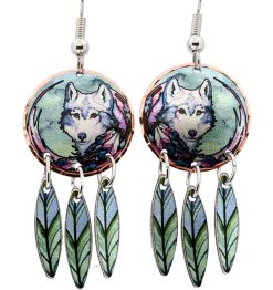 Wolf Earrings with Dangle Copper Feathers