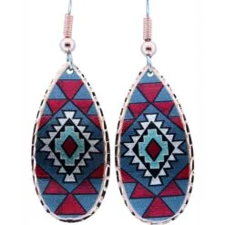 Burgundy and Dark Blue Native Earrings. Captivating handmade teardrop SW Native colorful earrings. These beautifully unique handmade copper earrings feature a vibrant Southwestern geometric pattern in rich burgundy, teal blue, black, and white, making them a thoughtful gift for her or a unique birthday jewelry gift for mom.