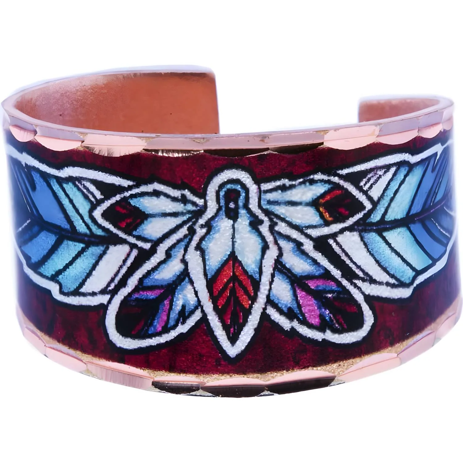 Alternative Text: Handmade copper feather ring in colorful artwork showing why you should buy artisan crafted jewelry.
