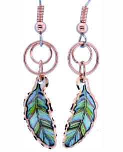 Copper Wire Blue Green Feather Copper Earrings