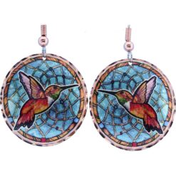 Handmade copper hummingbird dream catcher earrings designed by Lynn Bean
