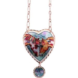 Horse necklaces designed by Lynn Bean in colorful love horses artwork Heart-shaped copper love horses necklace, a stunning piece showcasing how to accessorize with handcrafted necklaces