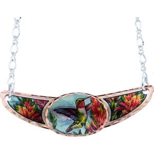vibrant hummingbird and floral design, a perfect example of how to accessorize with handcrafted necklaces. Handcrafted copper hummingbird choker necklace, perfectly illustrating how to accessorize with handcrafted necklaces.