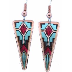 Turquoise and Red Southwest Native Earrings. The earrings feature a geometric, Southwest Native American-inspired pattern incorporating turquoise, deep red, brown, and black sections, with a prominent red diamond motif in the center.