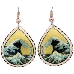 Handmade teardrop copper earrings with Hokusai Great Wave off Kanagawa artwork