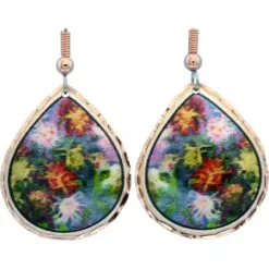 Artisan teardrop copper earrings with Monet Giverny flower garden artwork