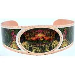 Unique wide copper cuff bracelet with Monet Japanese Bridge and glowing red pond