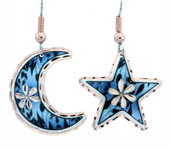 Dark Blue Moon and Star Flower Earrings 201bb