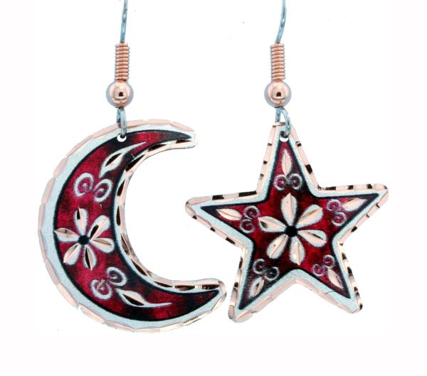 Red Moon and Star Flower Earrings