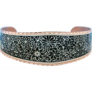 Black Patina Background Silver Flowers Bracelet – 10 Ways to Make Handmade Jewelry from Copper Handmade copper bracelet with black patina background and silver flowers showcasing 10 ways to make handmade jewelry from copper.