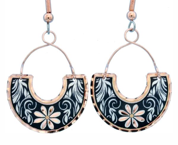 Copper Wire Jewelry Leaves and Flower Earrings Navy Blue