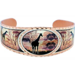 Handmade African scene giraffe cuff bracelet showcasing copper jewelry health benefits and artisan style.