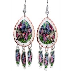Hummingbird and Lupine Flowers Earrings. Enchanting handmade hummingbird jewelry hummingbird and lupine flowers earrings. These beautifully unique dangle earrings showcase a stunning painted design of a delicate hummingbird hovering among vibrant pink and purple lupine flowers with three coordinating teardrop dangles, making them a thoughtful gift for her or a unique birthday jewelry gift for your girlfriend.