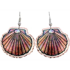 Unique Seashell Earrings, Nautical Seashore Jewelry. Delightful handmade nautical jewelry colorful copper seashell earrings. These beautifully unique dangle earrings showcase a stunning ribbed seashell design featuring vibrant pink, purple, and golden hues with warm copper scalloped edges, making them a thoughtful gift for her or a unique birthday jewelry gift for your girlfriend.