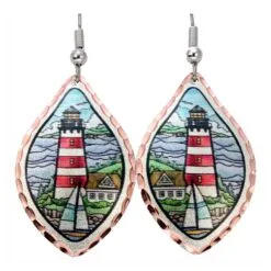 Nautical Seashore Jewelry, Lighthouse and Sailboat Earrings, Handmade nautical lighthouse earrings, silver-plated copper, diamond-cut to sparkle