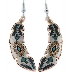 Teal blue and silver background copper feather earrings