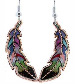 Rainbow colored copper feather earrings