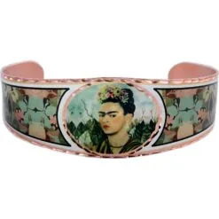 Artisan Frida Kahlo floral crown self-portrait wide copper cuff bracelet