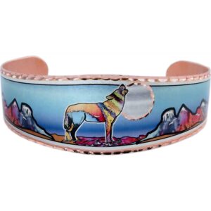 Distinctive artisan copper bracelet featuring an exceptional colorful howling wolf design, undoubtedly the best wolf jewelry bracelet for your girlfriend. Exquisitely stylish and eye-catching, this handmade colorful copper piece perfectly illustrates why it is the best wolf jewelry bracelet for your girlfriend.