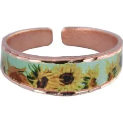 Handcrafted golden yellow sunflowers on mint adjustable copper ring