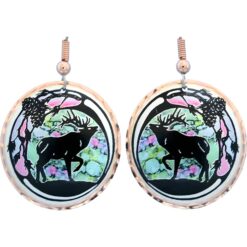 Copper elk earrings silver plated & diamond cut in colorful artwork