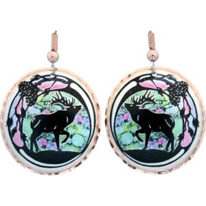 Text: Handmade copper elk earrings silver plated and diamond cut, highlighting the best handmade jewelry trends in colorful wildlife art.