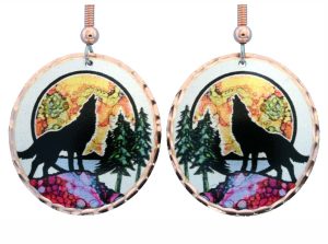 Amazing wolf earrings made from copper in alcohol ink art