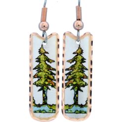 Creative pine tree earrings made from copper in colorful artwork