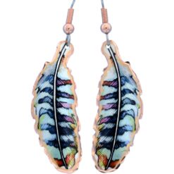 Womens; copper feather earrings in shades of blues
