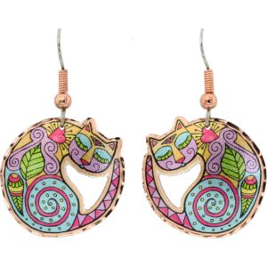 Cat jewelry makes unique gifts: stylized colorful copper cat earrings handmade for women and cat lovers.