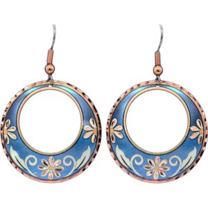 Handmade copper flower hoop earrings in blue