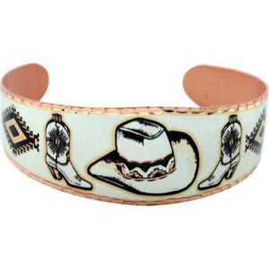 Exquisite jewelry that will steal your breath away: meticulously handcrafted silver-tone copper cowboy hat and boots bracelets offering timeless elegance. Meticulously handcrafted with attention to detail, this stunning silver-tone copper cowboy hat and boots bracelet perfectly illustrates how to up your style with western jewelry.