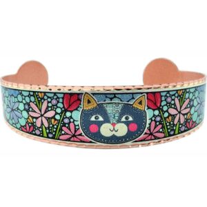 Copper Cute Cat Face Bracelets - How We Make Copper Jewelry Acrylic coated close-up of handmade copper stylized cute cat face bracelets, highlighting the intricate artisan details of how we make copper jewelry.