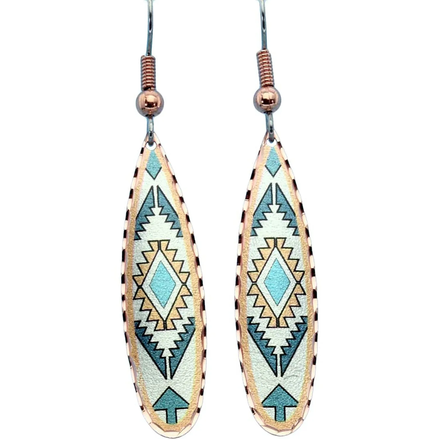 Unique dainty teal-blue and cream Southwestern diamond copper earrings