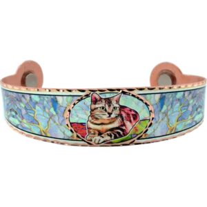 Handmade copper magnetic bracelet featuring a colorful cat design, beautifully illustrating what makes handmade jewelry more valuable.