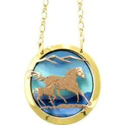 Artisanal cut-out copper mare and foal running horses pendant necklace
