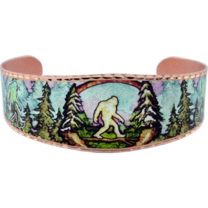 Handmade copper Sasquatch bracelet featuring a colorful forest design, beautifully illustrating what makes handmade jewelry more valuable.
