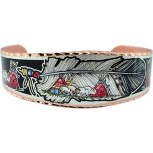Exquisitely stylish and distinctive, this handmade copper buffalo, teepee, and feather artwork bracelet perfectly illustrates how to make unique handmade jewelry.