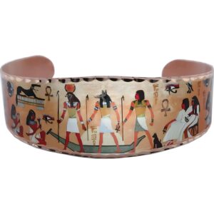 Ancient Egyptian wall painting cuff bracelet showcasing copper jewelry health benefits and artisan design.