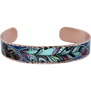 Handmade copper feather cuff bracelet in vibrant colors, Copper Feather Cuff Bracelet in Vibrant Colors