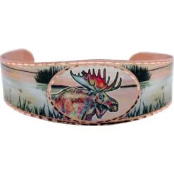 Artisan colorful painted bull moose by lake wide copper cuff bracelet