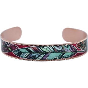 Exquisitely stylish and eye-catching, this copper feather bracelet in green and red colors perfectly illustrates why handmade jewelry makes special gifts for women.