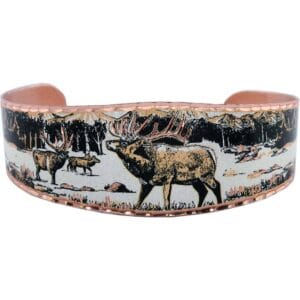 Authentic Copper Jewelry - Embossed Copper Elk Bracelet Authentic Copper Jewelry: Elaborately crafted copper bracelet featuring an embossed wilderness elk motif and an artisan diamond-cut finish.