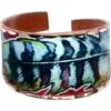 Unique adjustable copper ring with blue and silver striped hawk feather artwork