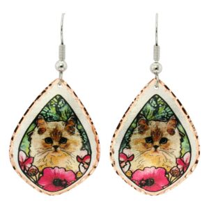 Cat jewelry makes unique gifts: cute Persian cat earrings handmade from copper for women and cat lovers.