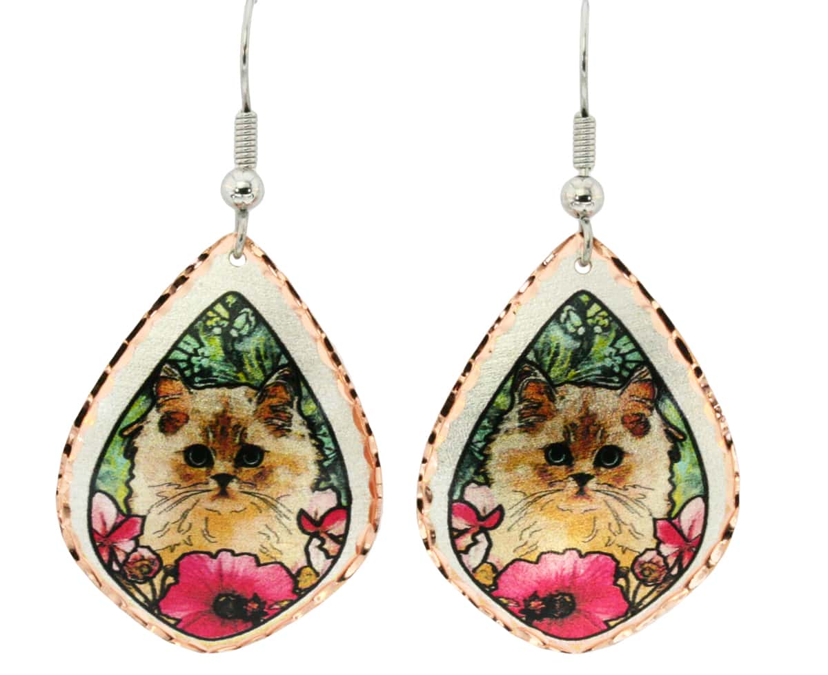 Flowers and Persian Cat Earrings, Unique Cat Earrings for Women