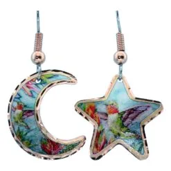 Colorful Copper Moon and Star Hummingbird Earrings