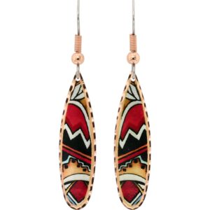 Handmade copper Southwestern Pueblo earrings with a colorful abstract design, beautifully illustrating what makes handmade jewelry more valuable