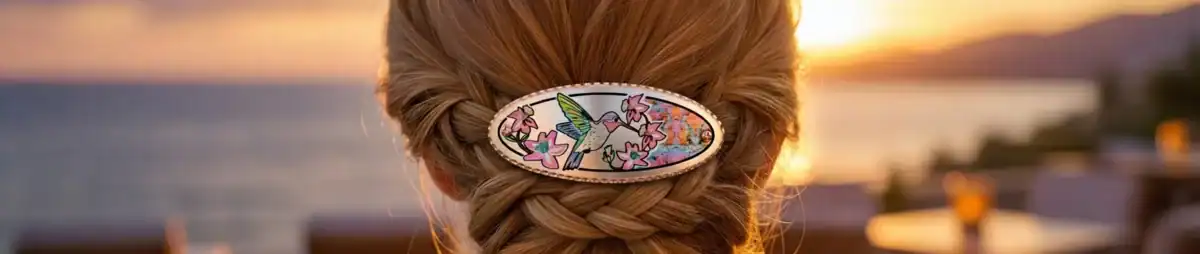 Hair clips handcrafted from copper in stunning designs. No polishing is required. Our signature technique, called diamond cut, brings out the luster of copper and sparkles.